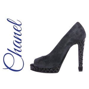 CHANEL Gray Suede Peep Toe Quilted Platform Pumps Interlocking CC, Size 37.5